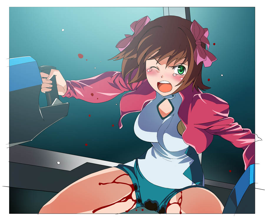 a1 (initial-g), amami haruka, idolmaster, idolmaster xenoglossia, 00s, 1girl, blood, blush, breasts, female focus, large breasts, menstruation, one eye closed, pilot, piloting, short shorts, shorts, solo, tears, wink