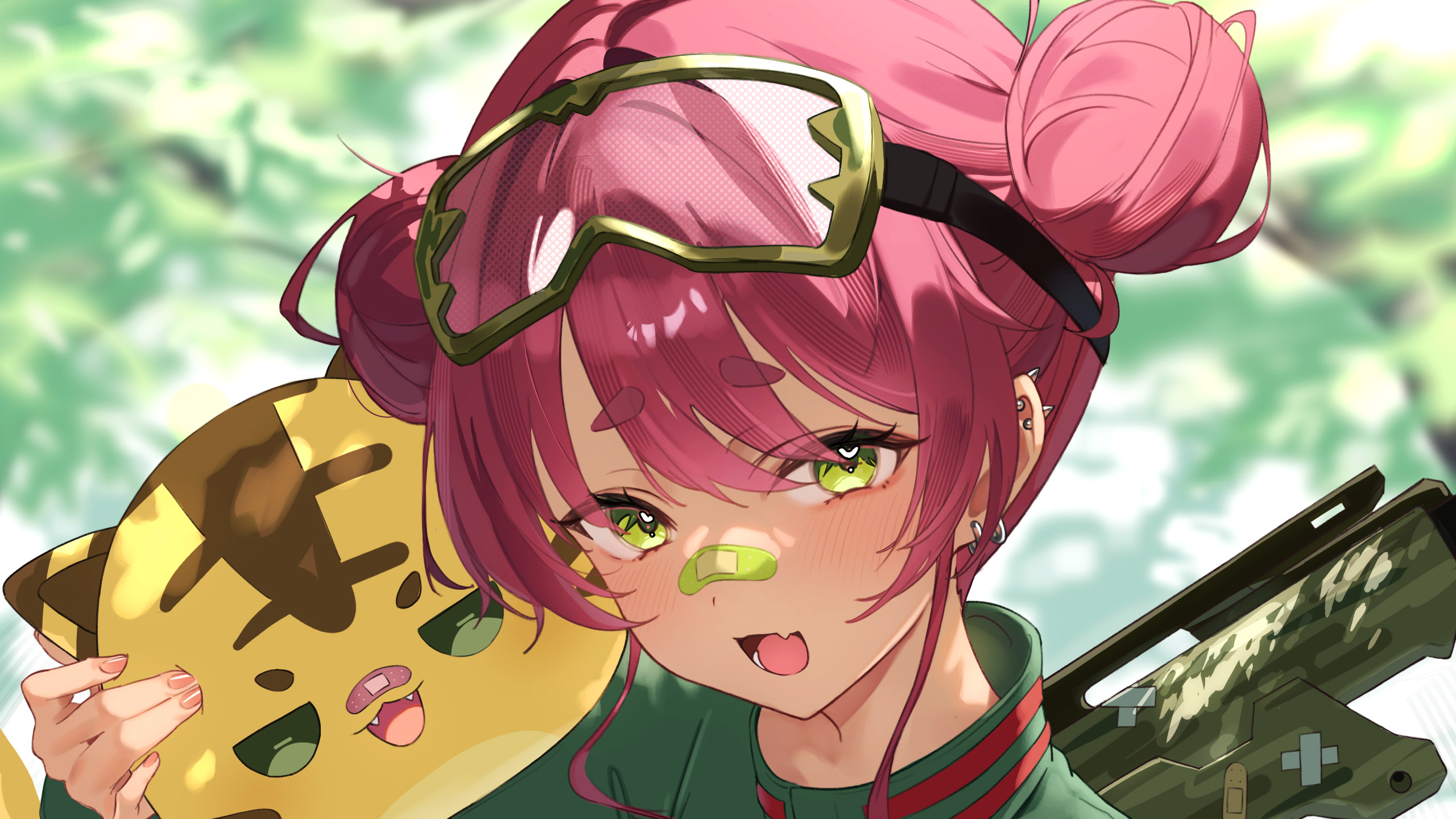 meercat dayo, highres, 1girl, :d, blurry, blurry background, blurry foreground, blush, depth of field, double bun, eyewear on head, fang, goggles, goggles on head, green eyes, hair between eyes, hair bun, hinata maru, holding, long sleeves, looking at viewer, nail polish, open mouth, outdoors, pink hair, sidelocks, smile, solo, teeth, upper body, virtual youtuber, yellow eyes