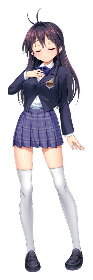 kamitsurugi ouka, aikawa haruno, kouyoku senki exs-tia concert, game cg, non-web source, official art, variant set, 1girl, antenna hair, black hair, black jacket, blazer, blue skirt, blush, bow, bowtie, breasts, closed eyes, closed mouth, collared shirt, dress shirt, facing viewer, full body, hand on own chest, jacket, loafers, long hair, long sleeves, medium breasts, miniskirt, plaid bow, plaid bowtie, plaid clothes, plaid skirt, pleated skirt, purple skirt, school emblem, school uniform, shirt, shoes, skirt, smile, solo, standing, tachi-e, thighhighs, transparent background, white shirt, white thighhighs, zettai ryouiki