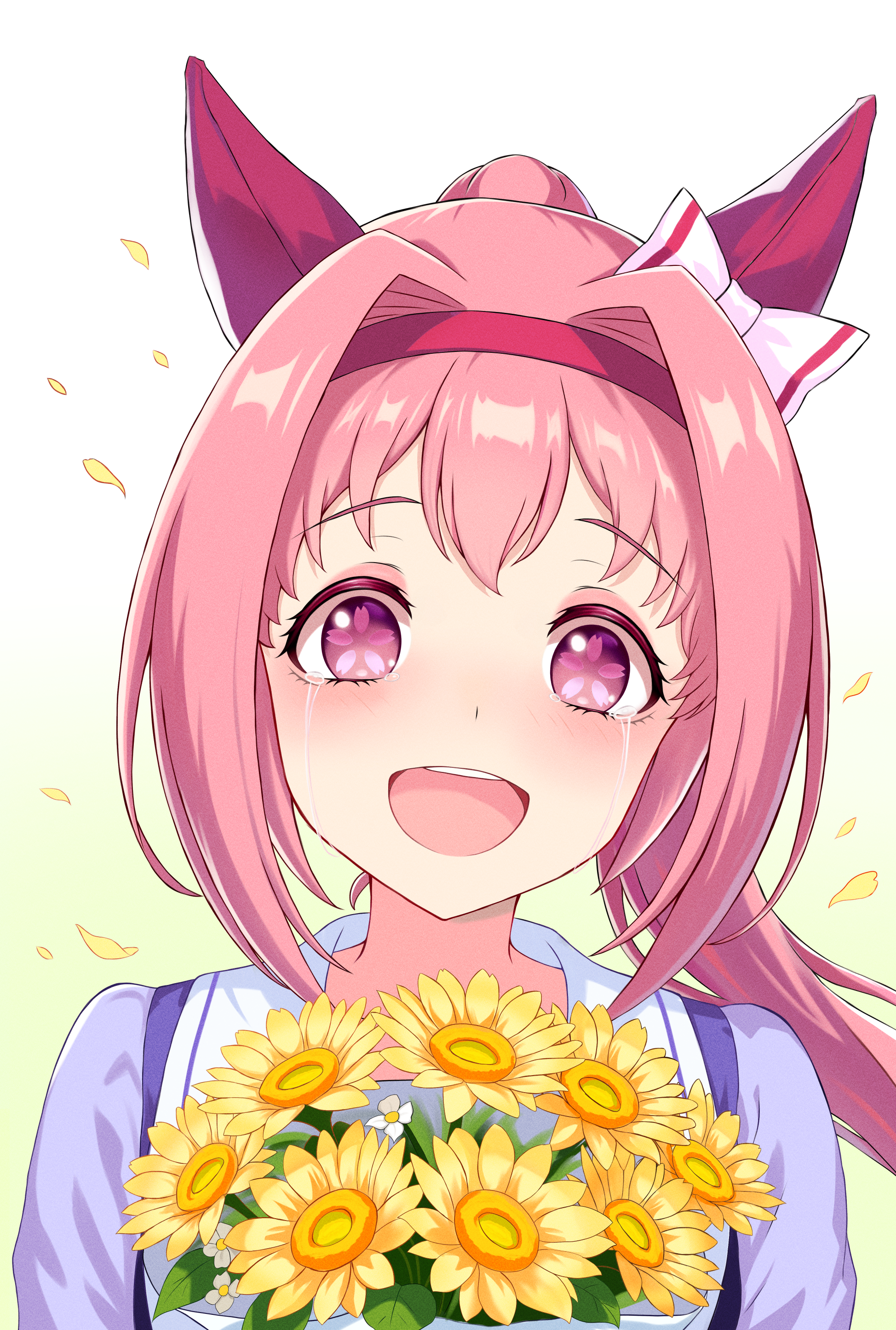 lansulynn, haru urara (umamusume), umamusume, absurdres, highres, 1girl, animal ears, bow, bowtie, ear bow, ear covers, flower, flower in eye, gradient background, hair intakes, headband, horse ears, horse girl, horseshoe ornament, long hair, looking at viewer, open mouth, pink hair, purple bow, purple bowtie, purple shirt, red headband, school uniform, shirt, smile, solo, symbol in eye, tracen school uniform, white bow, yellow flower