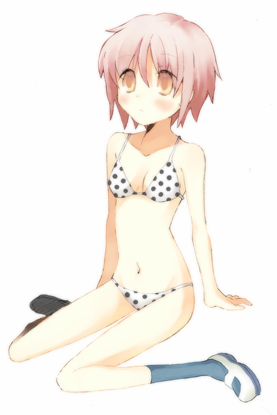 mozu (modagoro), nagato yuki, suzumiya haruhi no yuuutsu, 00s, 1girl, blush, bra, breasts, cleavage, female focus, flat chest, lingerie, panties, pink hair, polka dot, polka dot panties, short hair, sitting, small breasts, socks, solo, stomach, underwear, underwear only, yellow eyes