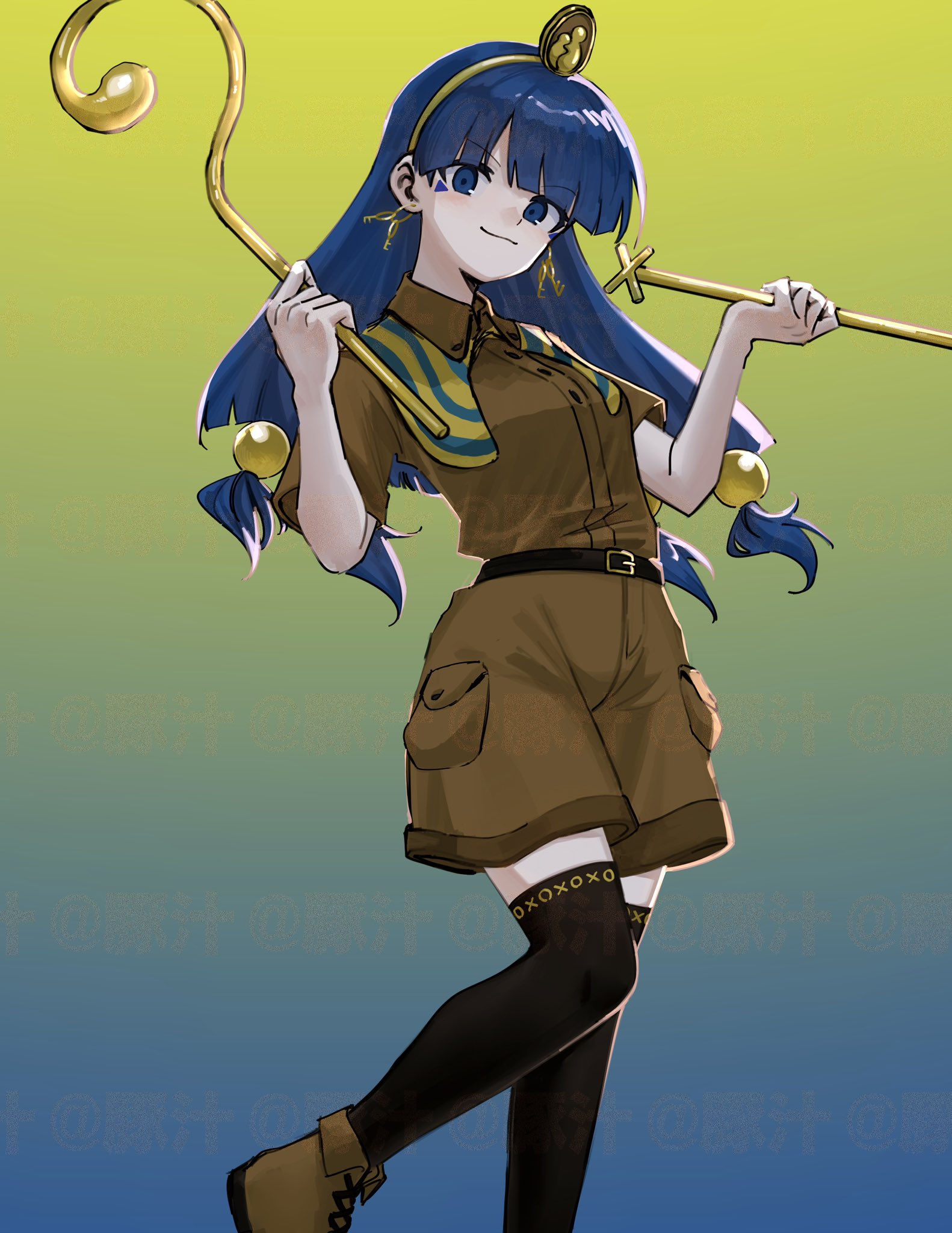 ame iru, michigami nareko, touhou, highres, 1girl, belt, black belt, black thighhighs, blue eyes, blue hair, blunt bangs, brown shirt, brown shorts, earrings, facial mark, gradient background, holding, holding staff, jewelry, key earrings, long hair, shirt, shorts, solo, staff, thighhighs