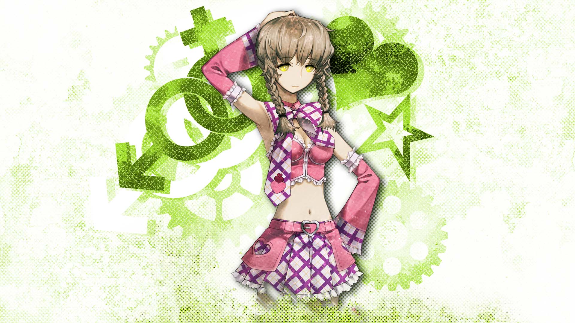 huke, amane suzuha, science adventure, steins;gate, steins;gate: my darling's embrace, clothing request, game cg, highres, official art, 1girl, arm behind head, arm up, armpits, bare shoulders, braid, breasts, brown eyes, brown hair, closed mouth, crop top, detached sleeves, dimples of venus, gears, idol clothes, long hair, looking at viewer, mars symbol, midriff, miniskirt, navel, skirt, sleeveless, small breasts, smile, solo, standing, twin braids, white background, yellow eyes