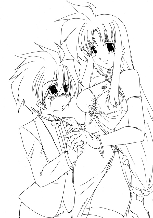 erio mondial, fate testarossa, lyrical nanoha, mahou shoujo lyrical nanoha, mahou shoujo lyrical nanoha strikers, 00s, 1boy, 1girl, arm around waist, blush, bow, bowtie, bracelet, breasts, cleavage, criss-cross halter, dress, elbow gloves, formal clothes, gloves, greyscale, halterneck, hand on another's shoulder, height difference, hetero, holding hands, jewelry, lineart, long hair, monochrome, necklace, side slit, suit, sweatdrop, thighhighs, traditional bowtie, very long hair