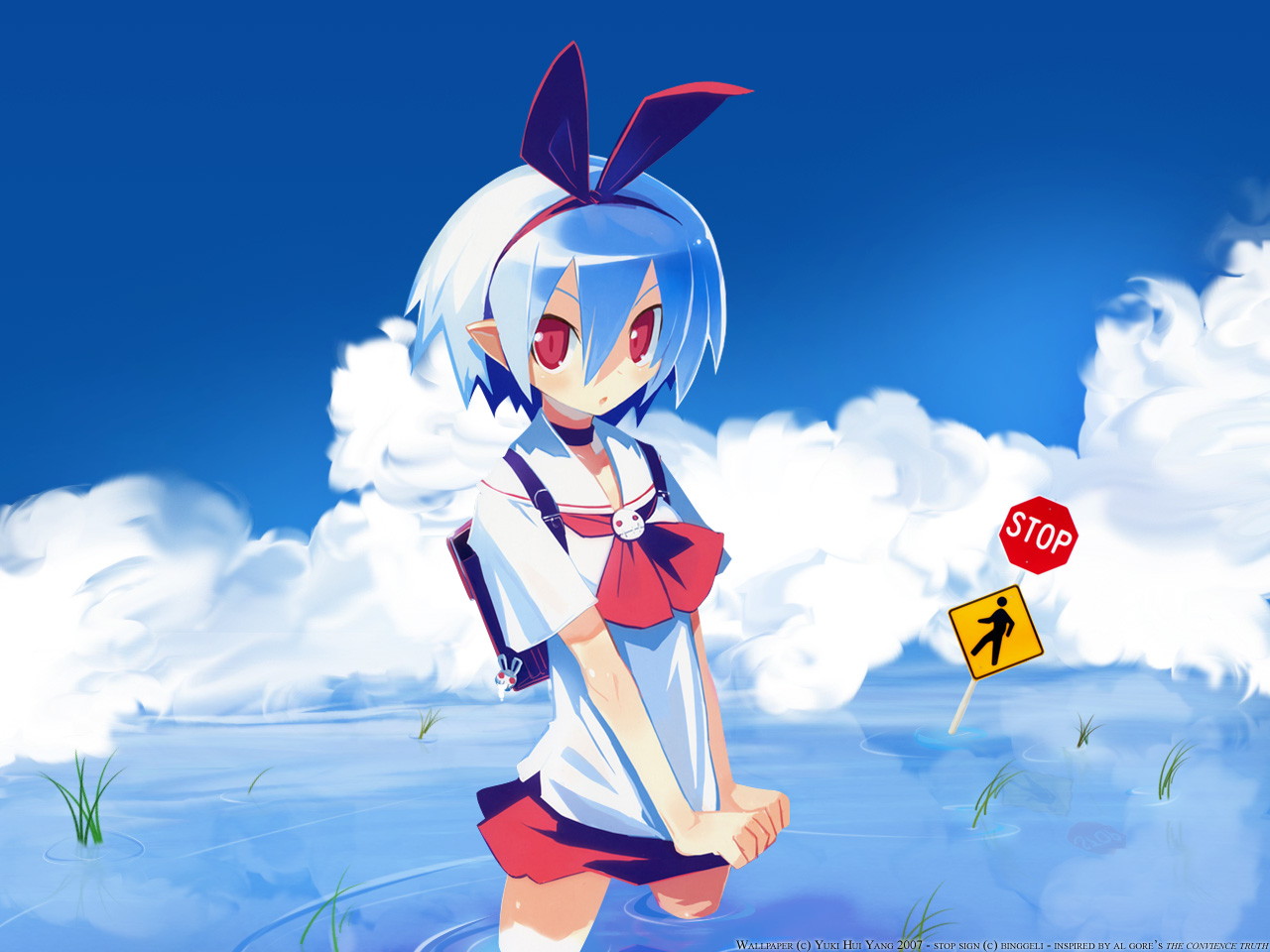 harada takehito, pleinair, original, 1girl, backpack, bag, blue hair, blue sky, choker, cloud, day, female focus, hairband, outdoors, pointy ears, pond, randoseru, red eyes, reflection, ribbon, ripples, road sign, school bag, school uniform, serafuku, shirt tug, short hair, sign, skirt, sky, solo, standing, stop sign, wading, water