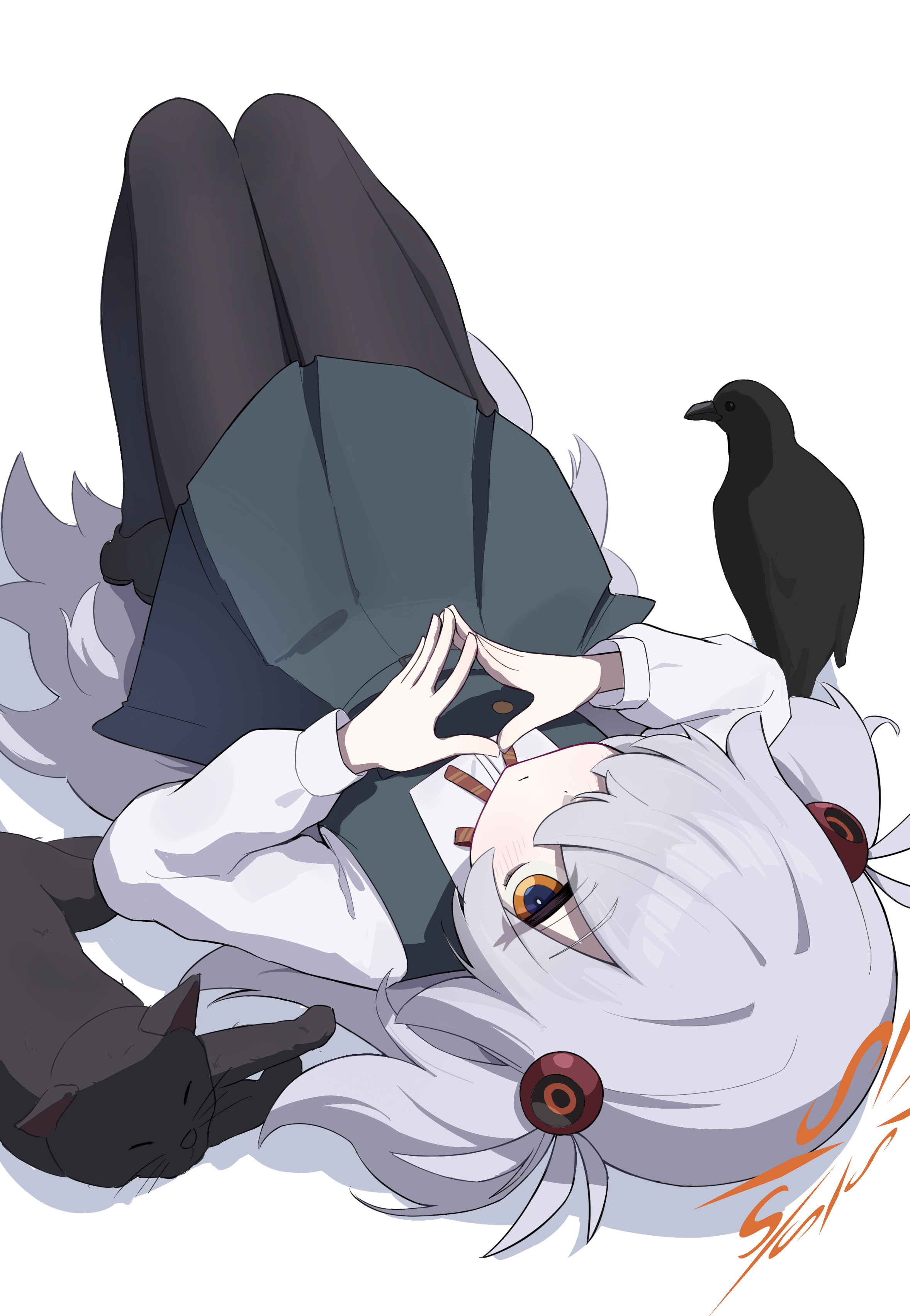 inedibleparts, kanoe (blue archive), blue archive, absurdres, highres, 1girl, bird, black cat, black thighhighs, cat, closed mouth, crow, from above, grey hair, hair between eyes, hair ornament, halo, long hair, long sleeves, looking at viewer, lying, necktie, orange eyes, own hands together, school uniform, simple background, skirt, solo, thighhighs, white background, yellow halo