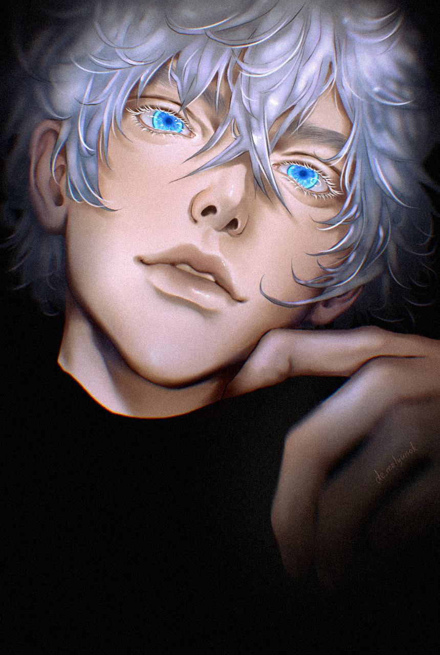 gojou satoru, jujutsu kaisen, highres, 1boy, aegyo sal, aqua eyes, black background, black shirt, blue pupils, colored eyelashes, de malyunok, hair between eyes, hand on own neck, looking at viewer, male focus, nose, parted lips, portrait, shirt, short hair, simple background, solo, white eyelashes, white hair