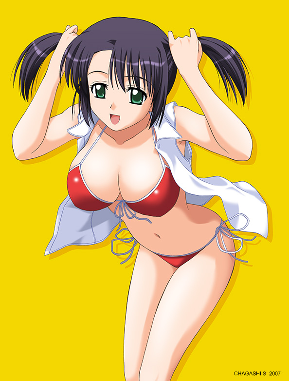 satou chagashi, bent over, bikini, black hair, breasts, front-tie top, green eyes, hanging breasts, large breasts, navel, open clothes, open shirt, red bikini, shirt, side-tie bikini bottom, simple background, solo, swimsuit, twintails, yellow background