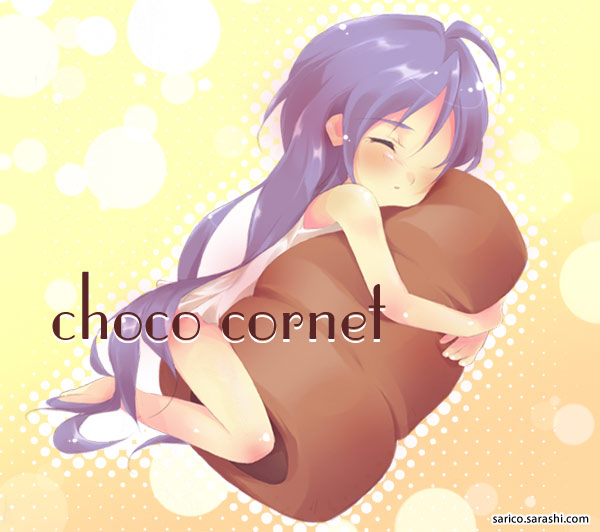 shiratama (shiratamaco), izumi konata, lucky star, 00s, 1girl, blue hair, blush, chocolate cornet, closed eyes, female focus, food, long hair, mini person, minigirl, sleeping, solo, very long hair