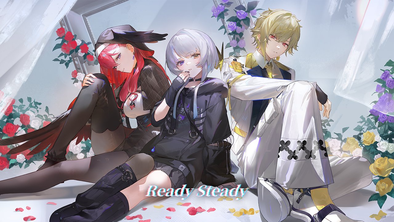 konkon aria, neo-porte, black romper, black wings, buttertorst, flower, hair between eyes, head wings, hugging own leg, jacket, long hair, long sleeves, looking at viewer, multiple girls, romper, short hair, sitting, thighhighs, white hair, wings