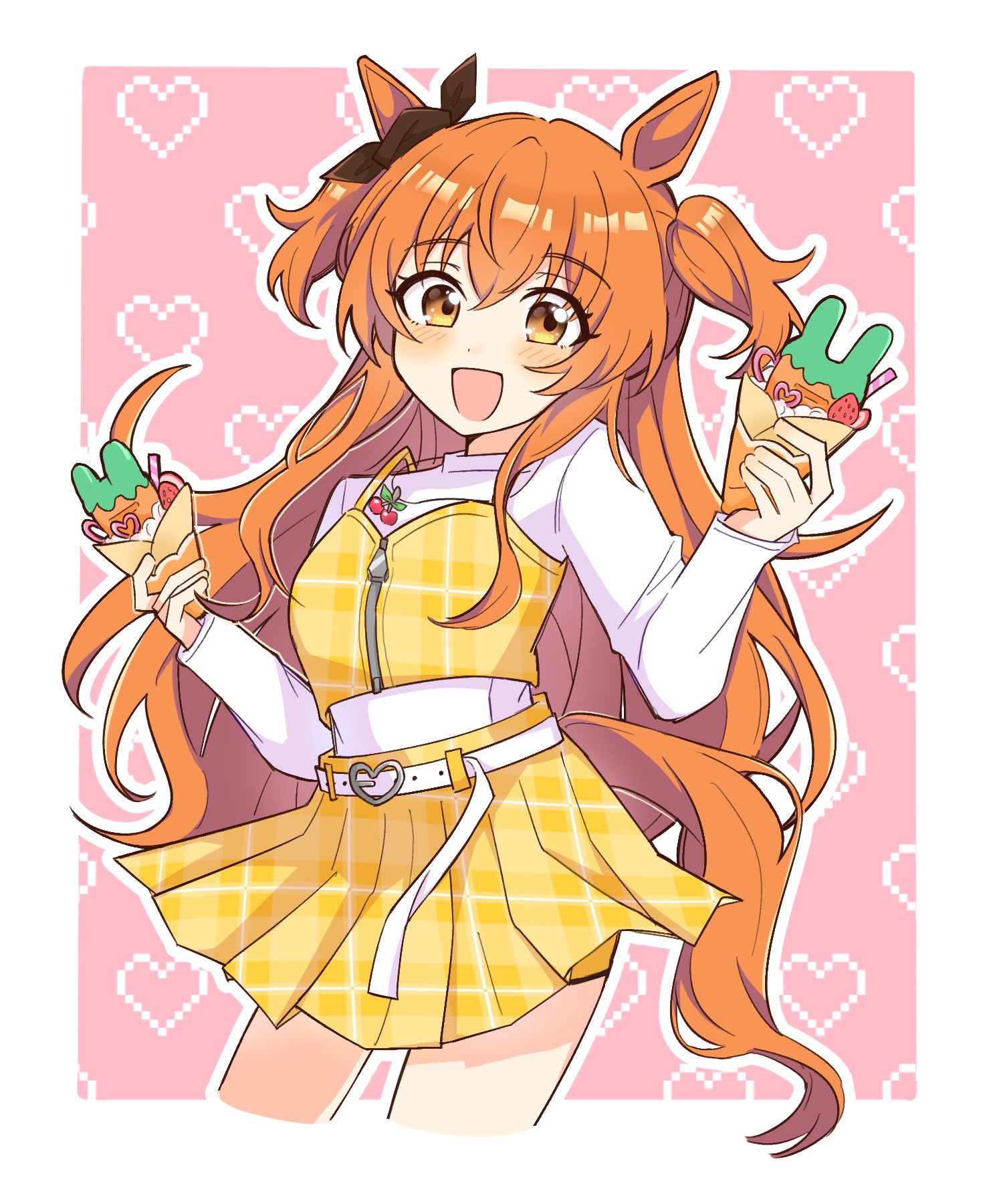 oriochan0203, mayano top gun (umamusume), umamusume, commentary request, highres, 1girl, :d, animal ears, blush, border, camisole, camisole over clothes, carrot, cowboy shot, crepe, food, fruit, heart, heart background, holding, holding crepe, holding food, horse ears, horse girl, horse tail, long sleeves, looking at viewer, mayano top gun (casual) (umamusume), miniskirt, open mouth, orange hair, outline, outside border, pixel heart, plaid camisole, plaid clothes, plaid skirt, pleated skirt, shirt, skirt, smile, solo, strawberry, tail, two side up, unmoving pattern, whipped cream, white border, white outline, white shirt, yellow camisole, yellow eyes, yellow skirt