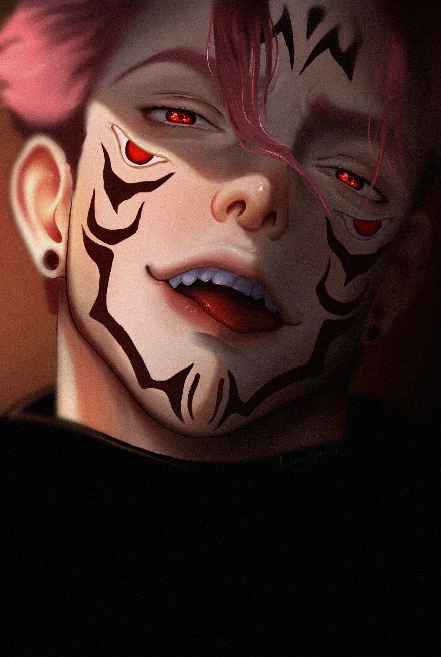 itadori yuuji, ryoumen sukuna (jujutsu kaisen), jujutsu kaisen, highres, 1boy, black shirt, de malyunok, earrings, extra eyes, facial mark, facial tattoo, hair between eyes, jewelry, lips, looking at viewer, male focus, nose, open mouth, pink hair, portrait, red eyes, shirt, short hair, smile, solo, spiked hair, tattoo, teeth, tongue, tongue out