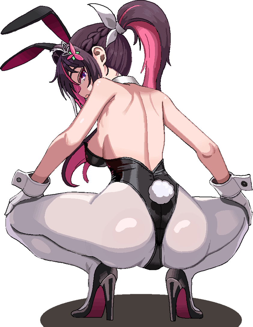 cl oor, azki (hololive), hololive, revision, 1girl, animal ears, ass, back, backboob, bare shoulders, black leotard, black shoes, braid, breasts, gloves, hair intakes, hair ornament, large breasts, leotard, long hair, looking back, median furrow, open mouth, pantyhose, pink eyes, pink hair, playboy bunny, rabbit ears, ribbon, shoes, shoulder blades, simple background, solo, spread legs, squatting, thighs, transparent background, virtual youtuber, white gloves, white hair, white pantyhose, white ribbon, white wrist cuffs, wrist cuffs