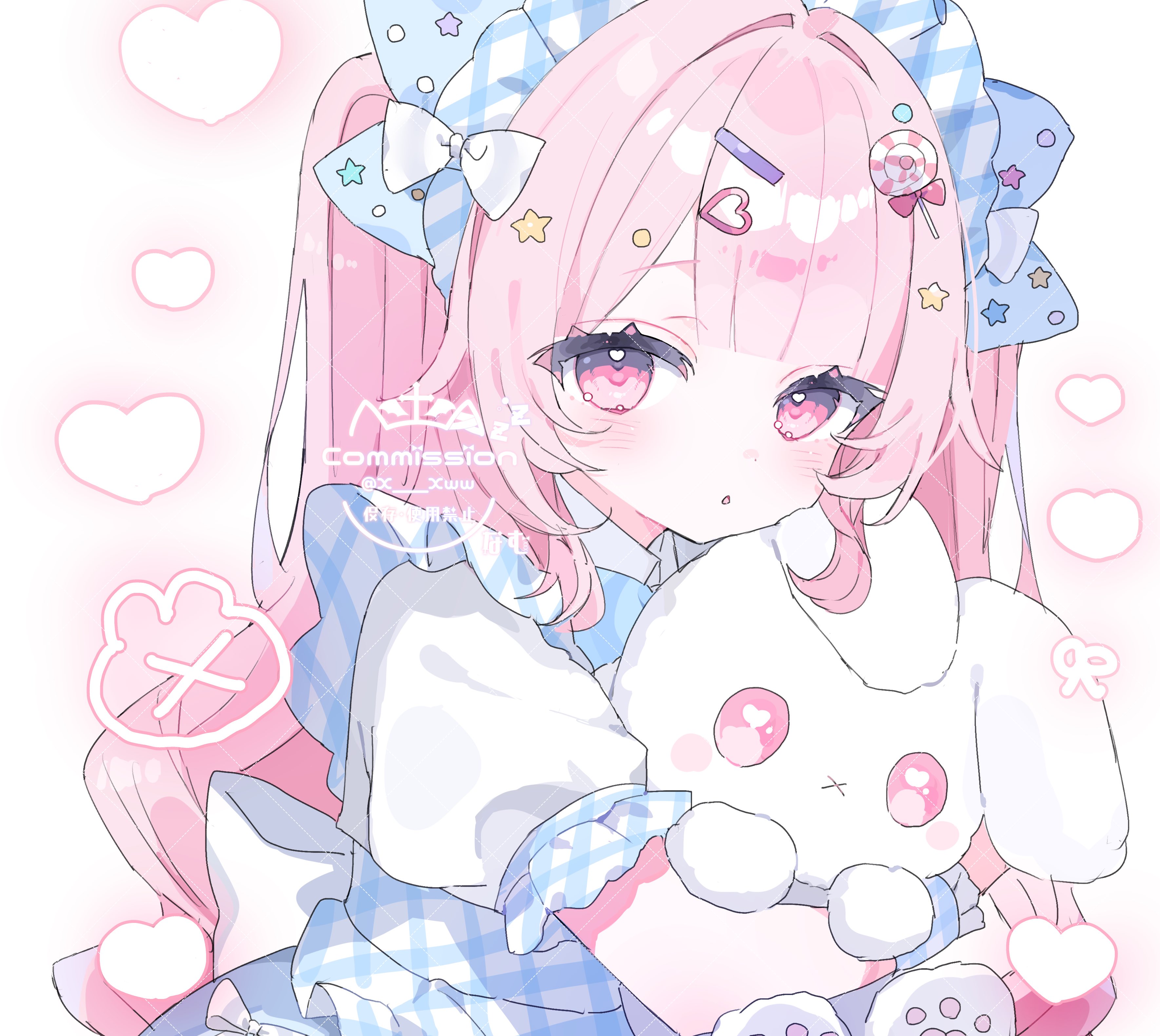 x xww, original, absurdres, commission, highres, 1girl, apron, blue apron, blush, bow, candy, food, gingham, hair bow, hair ornament, hairclip, heart, heart hair ornament, lollipop, long hair, looking at viewer, maid headdress, pink eyes, pink hair, short sleeves, solo, stuffed animal, stuffed rabbit, stuffed toy, twintails