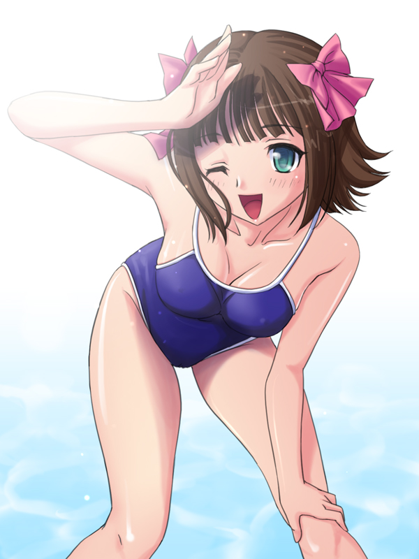 shino akira, tadano akira, amami haruka, idolmaster, idolmaster (classic), idolmaster 1, 00s, 1girl, aqua eyes, bent over, brown hair, competition school swimsuit, female focus, hair ribbon, leaning forward, one-piece swimsuit, one eye closed, open mouth, ribbon, school swimsuit, short hair, solo, swimsuit, water