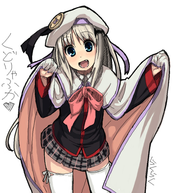 rkrk, noumi kudryavka, little busters!, silver hair, 1girl, blue eyes, bow, buttons, cape, fang, female focus, hat, large buttons, pink bow, plaid clothes, plaid skirt, skirt, solo, thighhighs, zettai ryouiki