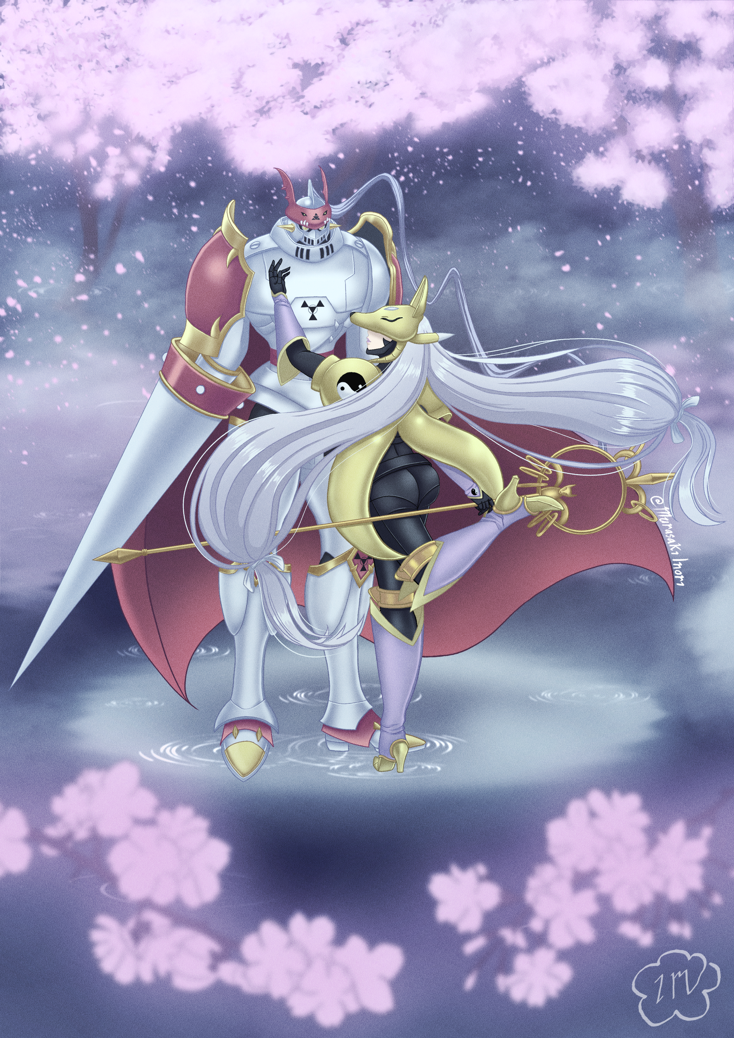 dukemon, sakuyamon, digimon, absurdres, commentary request, highres, 1boy, 1girl, arm up, armor, ass, belt, black bodysuit, black gloves, bodysuit, cape, cherry blossoms, closed mouth, couple, covered eyes, detached sleeves, digimon (creature), digital hazard, facial mark, falling petals, fox mask, full armor, full body, gloves, grey hair, helmet, hetero, high heels, holding, holding polearm, holding staff, holding weapon, knight, lance, leg warmers, long hair, looking at another, low-tied long hair, low twintails, mask, murasaki inori, outdoors, petals, polearm, purple lips, purple sleeves, red cape, ripples, shoes, shoulder armor, signature, staff, standing, standing on one leg, stirrup legwear, toeless legwear, twintails, twitter username, very long hair, water, weapon, white armor, yellow armor, yellow eyes, yellow mask, yellow shoes, yin yang, yin yang print