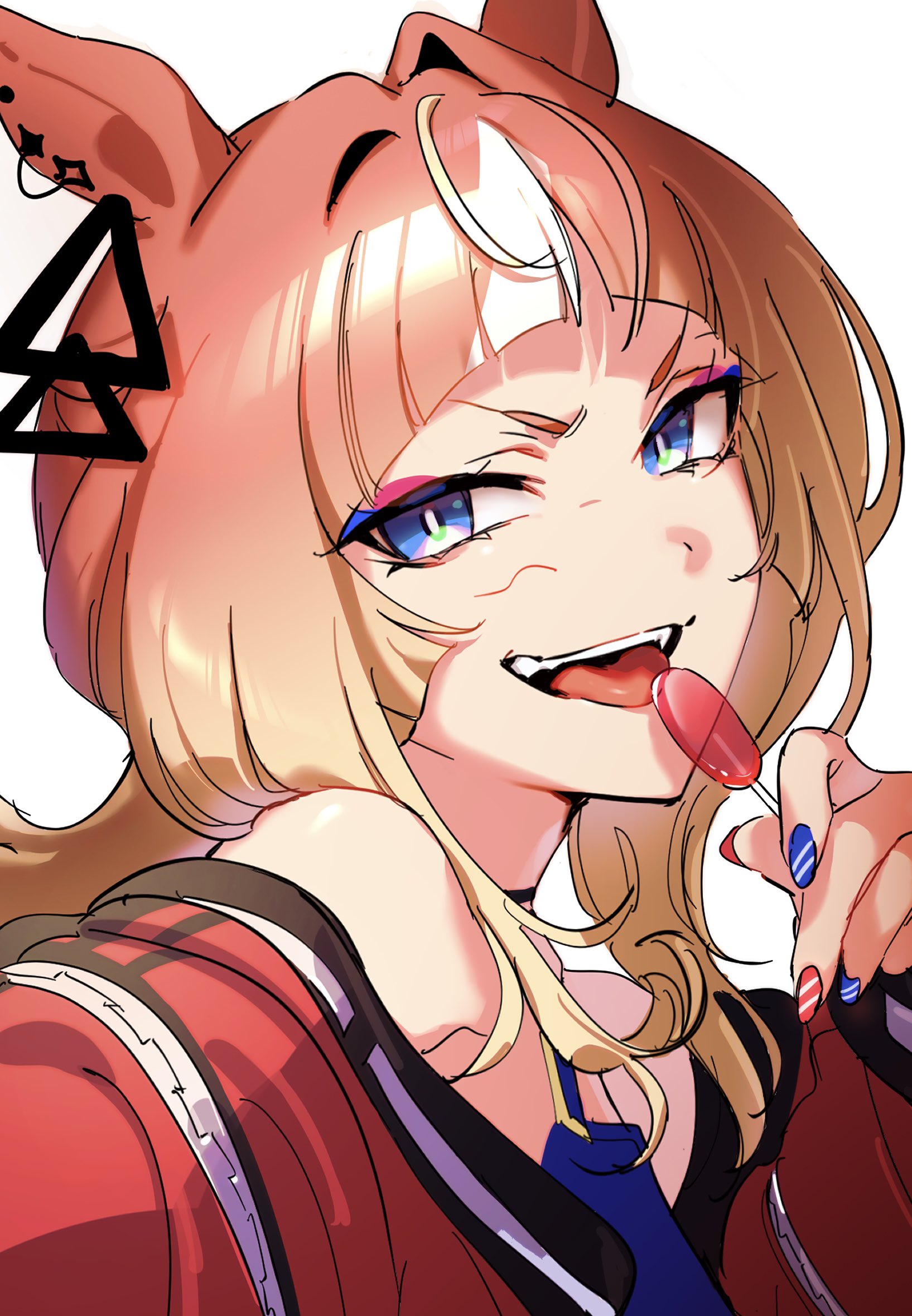 ningen3333, espoir city (umamusume), umamusume, commentary request, highres, 1girl, arched bangs, blonde hair, blue eyes, blue nails, brown hair, candy, espoir city (red devil gear) (umamusume), food, gradient hair, hair intakes, holding, holding candy, holding food, holding lollipop, jacket, lollipop, looking at viewer, multicolored hair, multicolored nails, off shoulder, portrait, red jacket, red nails, solo, streaked hair, teeth, tongue, tongue out, two-tone nails, upper teeth only, white hair
