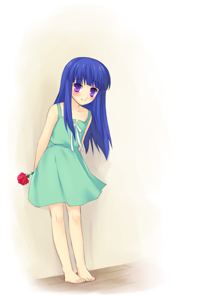 fuyuichi, furude rika, higurashi no naku koro ni, 00s, 1girl, barefoot, feet, female focus, flower, green skirt, rose, skirt, solo
