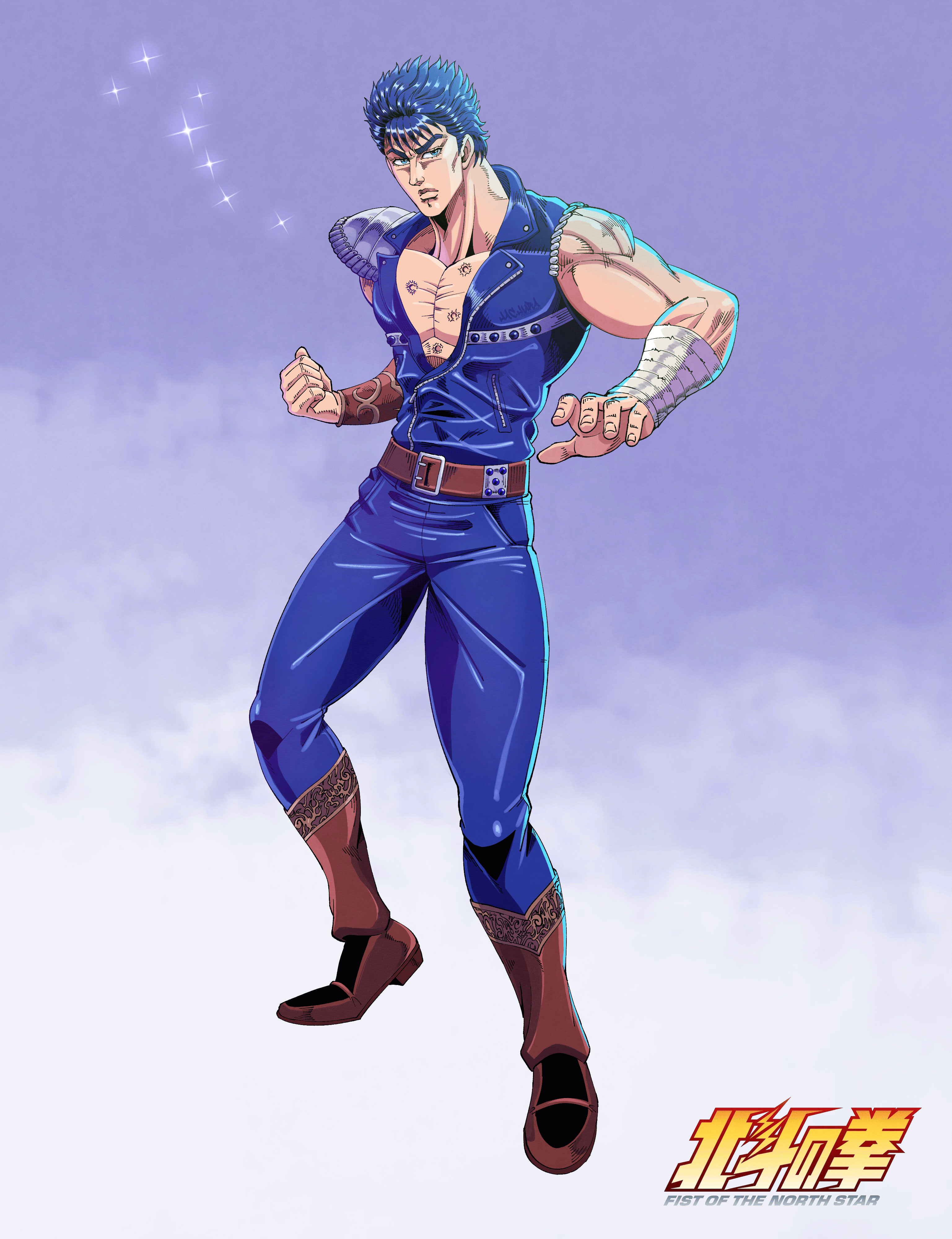 hachuart, kenshiro, hokuto no ken, absurdres, commentary, english commentary, highres, 1boy, anime coloring, arm wrap, armor, belt, big dipper, blue eyes, blue hair, blue jacket, blue pants, boots, brown belt, brown boots, clenched hand, full body, jacket, logo, male focus, manly, muscular, muscular male, pants, pauldrons, pectorals, scar, scar on chest, shoulder armor, single bracer, single pauldron, sleeveless, sleeveless jacket, solo, sparkle, standing