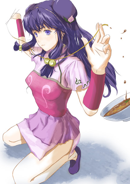 fuyuno haruaki, shampoo (ranma 1/2), ranma 1/2, 1girl, bowl, chopsticks, female focus, food, foreshortening, kneeling, long hair, no socks, noodles, purple eyes, purple hair, ramen, solo