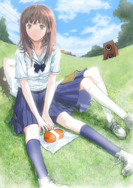 fuyuno haruaki, original, black legwear, white legwear, 2girls, bento, book, brown hair, cloud, day, grass, long hair, looking at viewer, lying, multiple girls, outdoors, power lines, school uniform, serafuku, shoes, short sleeves, sitting, skirt, sky, sneakers, speaker, v arms