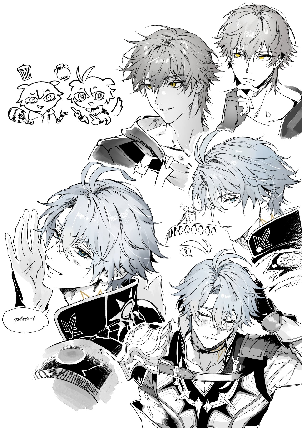 hwan (mob hwan), caelus (honkai: star rail), phainon (honkai: star rail), trailblazer (honkai: star rail), honkai: star rail, honkai (series), highres, !, 2boys, animal ears, antenna hair, armor, black gloves, blue eyes, blush, choker, closed eyes, closed mouth, coat, crossed bangs, dog ears, dog tail, english text, fingerless gloves, fingernails, from side, gloves, greyscale, hair between eyes, hand on own chin, hand on own head, hand up, hood, hooded coat, jacket, jar, kemonomimi mode, long sleeves, looking at viewer, male focus, monochrome, multiple boys, multiple views, neck tattoo, notice lines, open clothes, open coat, open mouth, raccoon ears, raccoon tail, shirt, short hair, shoulder armor, simple background, smile, speech bubble, spoken exclamation mark, sun symbol, sun tattoo, sweat, t-shirt, tail, tan, tattoo, teeth, trash can, two-sided coat, two-sided fabric, upper body, yellow eyes, yellow pupils