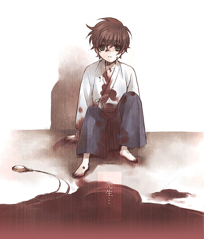 fujioka youko, kururugi suzaku, code geass, 00s, 1boy, blood, blue hakama, hakama, hakama skirt, japanese clothes, male focus, skirt, solo