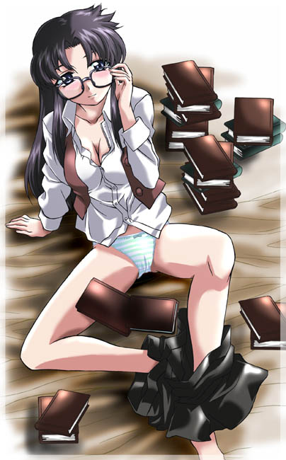 mikage nao, yomiko readman, read or die, 00s, 1girl, black hair, blue eyes, blush, book, breasts, cameltoe, cleavage, female focus, glasses, large breasts, long hair, looking at viewer, messy hair, panties, skirt, solo, striped clothes, striped panties, underwear, undressing, vest