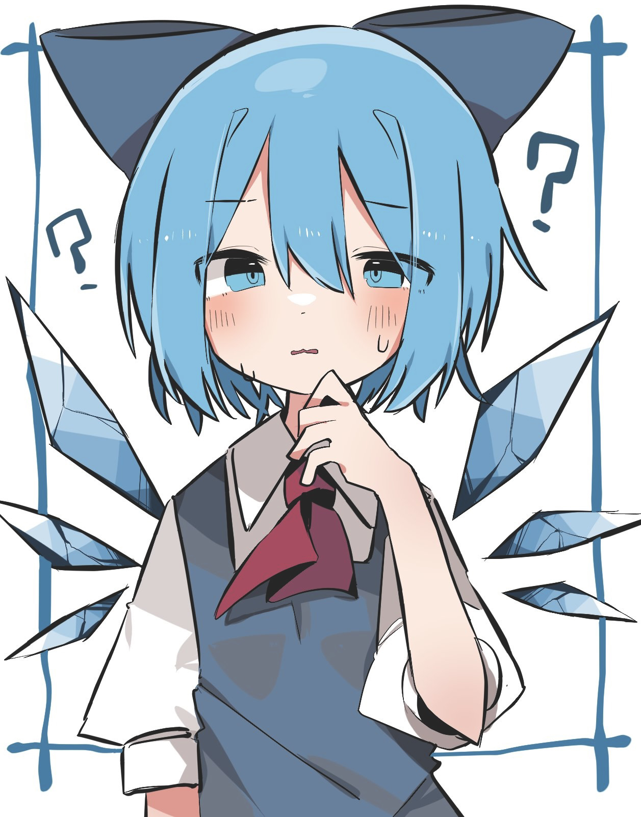 nacht musik, cirno, touhou, commentary, highres, 1girl, ?, ascot, blue bow, blue dress, blue hair, bow, dress, flustered, hair between eyes, hair bow, ice, ice wings, looking at viewer, red ascot, short hair, solo, wings