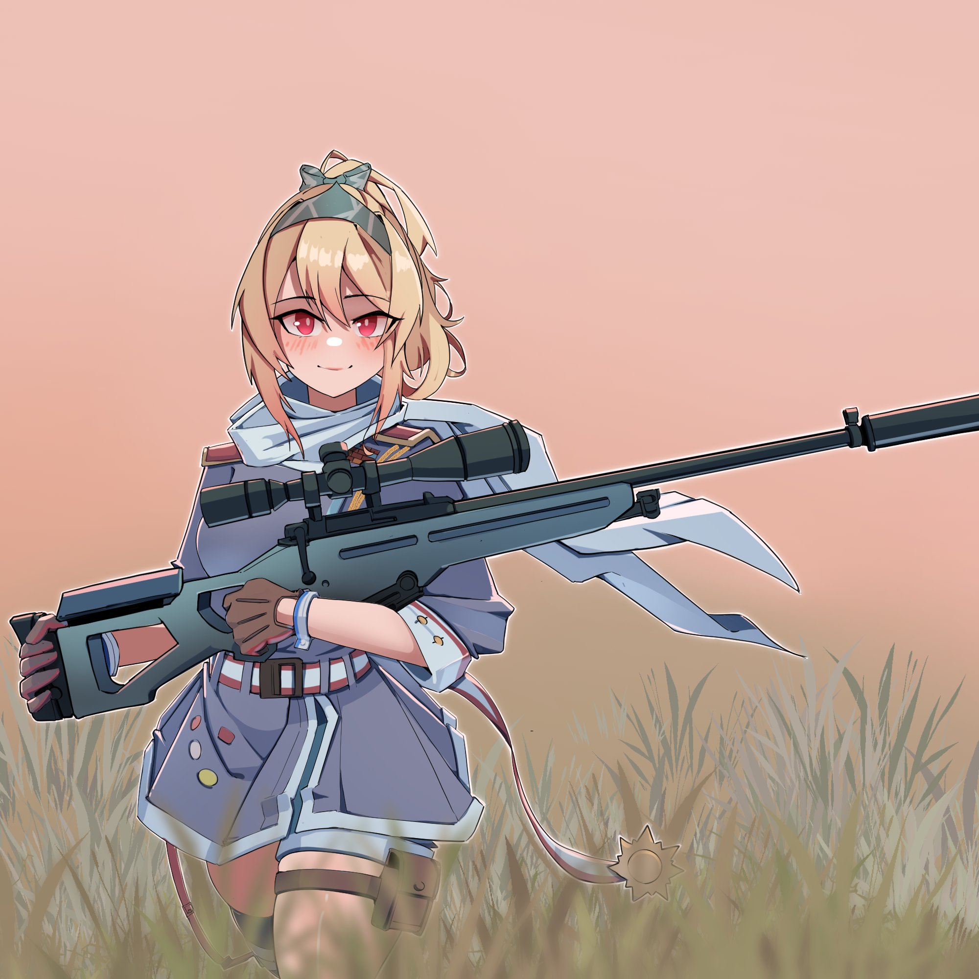 tascalate, sv-98 (girls' frontline), girls' frontline, commentary, highres, 1girl, belt, blonde hair, bolt action, bow, brown background, brown gloves, closed mouth, cowboy shot, gloves, green bow, green hairband, grey jacket, gun, hair bow, hairband, holding, holding gun, holding weapon, jacket, looking at viewer, military jacket, pouch, red eyes, rifle, scarf, scope, simple background, smile, sniper rifle, solo, straight-on, suppressor, sv-98, thigh pouch, vegetation, weapon, white scarf