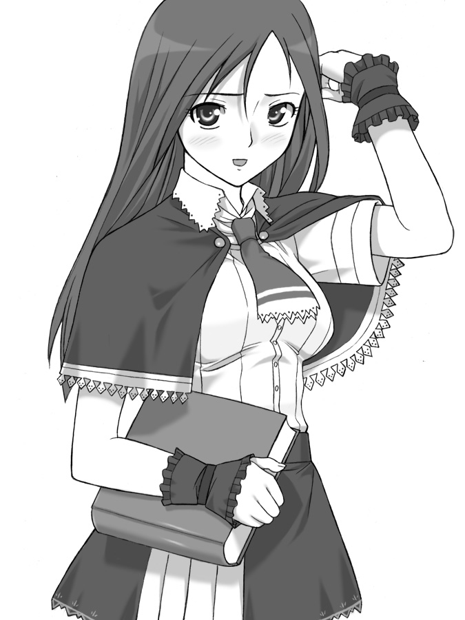 shichimenchou, charlotte aulin, castlevania: portrait of ruin, castlevania (series), 1girl, adjusting hair, blush, book, dress, female focus, greyscale, monochrome, necktie, solo