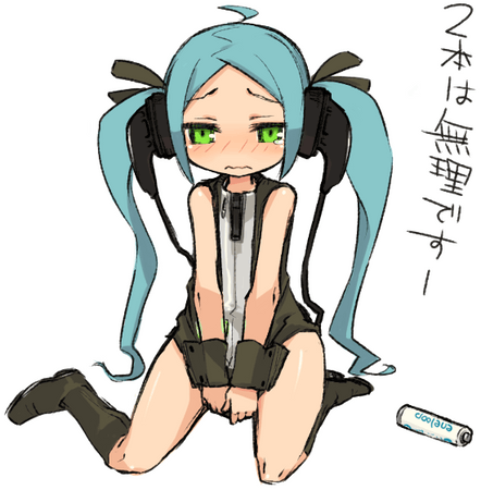mota, hatsune miku, vocaloid, lowres, battery, blush, headphones, no panties, tears, twintails