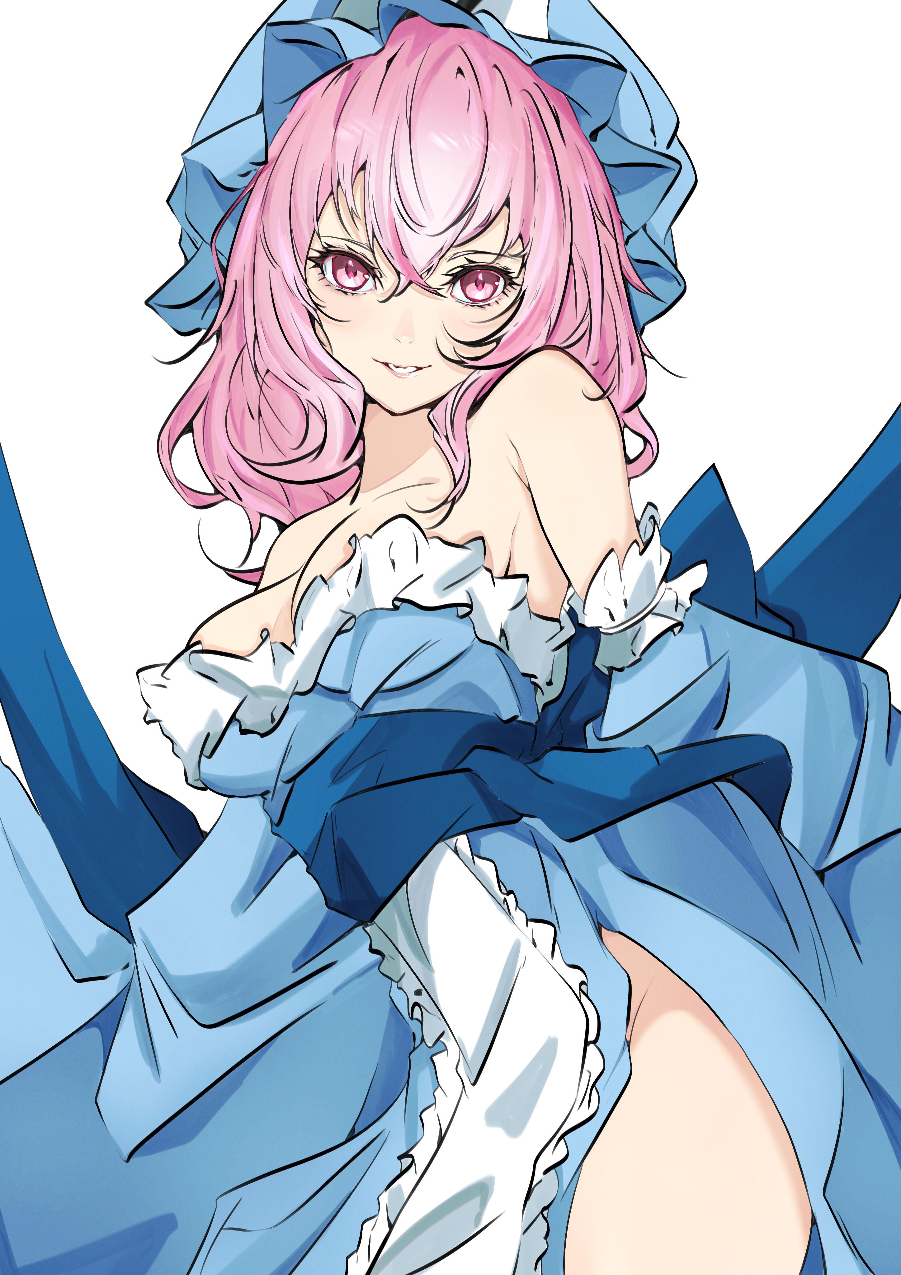 unanooo (fthx7532), saigyouji yuyuko, touhou, absurdres, commentary, highres, 1girl, bare shoulders, blue hat, breasts, cleavage, crossed bangs, dress, frilled dress, frills, hat, long hair, mob cap, off-shoulder dress, off shoulder, parted lips, pink eyes, pink hair, side slit, simple background, solo, thighs, white background