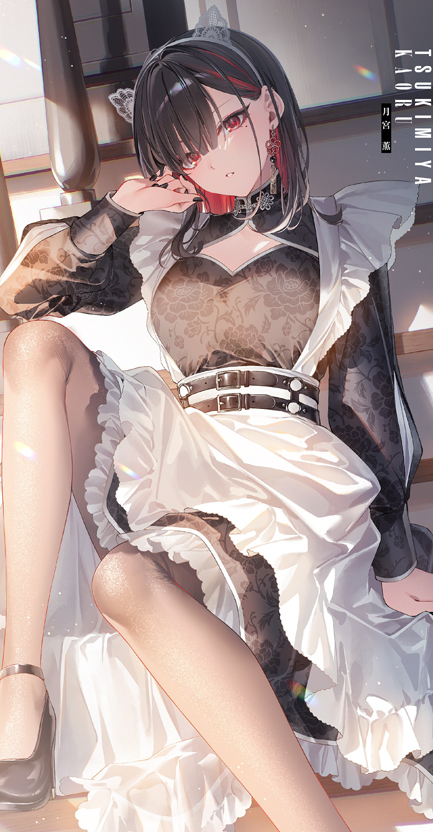 toosaka asagi, tsukimiya kaoru, original, novel illustration, official art, resized, 1girl, apron, belt, black belt, black dress, black hair, black shoes, brown pantyhose, character name, colored inner hair, dress, earrings, indoors, jewelry, knee up, long hair, long sleeves, looking at viewer, maid, maid apron, mole, mole under eye, multicolored hair, pantyhose, parted lips, red eyes, red hair, shoes, stairs, white apron