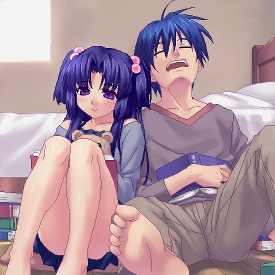 zen, ichinose kotomi, okazaki tomoya, clannad, 00s, 1boy, 1girl, barefoot, bed, blue hair, blush, book, closed eyes, hair bobbles, hair ornament, happy, indoors, leaning, legs, long hair, oekaki, open book, open mouth, purple eyes, reading, short twintails, sitting, sleeping, smile, stuffed animal, stuffed toy, teddy bear, twintails, two side up