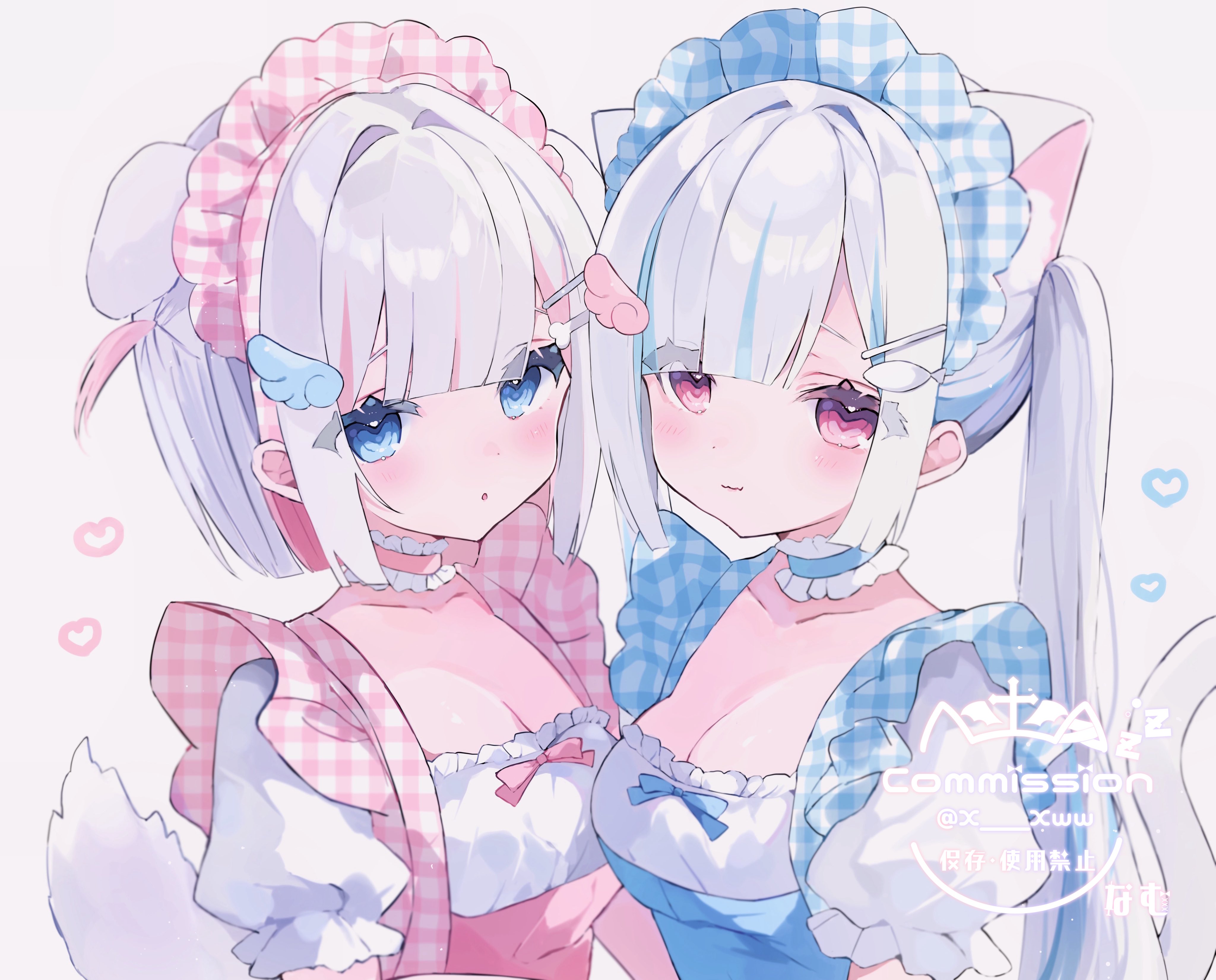 x xww, original, absurdres, commission, highres, skeb commission, 2girls, animal ears, blue choker, blue dress, blue eyes, blue hair, breasts, cat ears, choker, cleavage, dog ears, dress, frilled choker, frills, hair ornament, hairclip, long hair, maid headdress, medium breasts, multicolored hair, multiple girls, pink choker, pink eyes, pink hair, short sleeves, tail, twintails, virtual youtuber, white hair, wing hair ornament