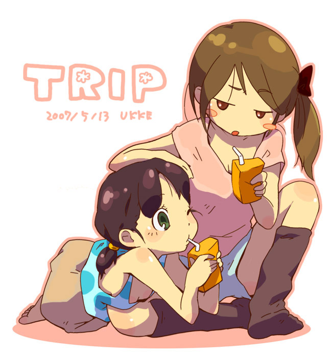 ukke, original, 2girls, barefoot, blush stickers, drink, juice, multiple girls, one eye closed, side ponytail, socks, wink