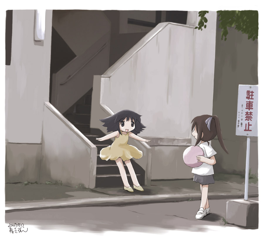 kotobuki keisuke, original, 2girls, ball, brown hair, child, dress, jumping, multiple girls, open mouth, road, stairs, street
