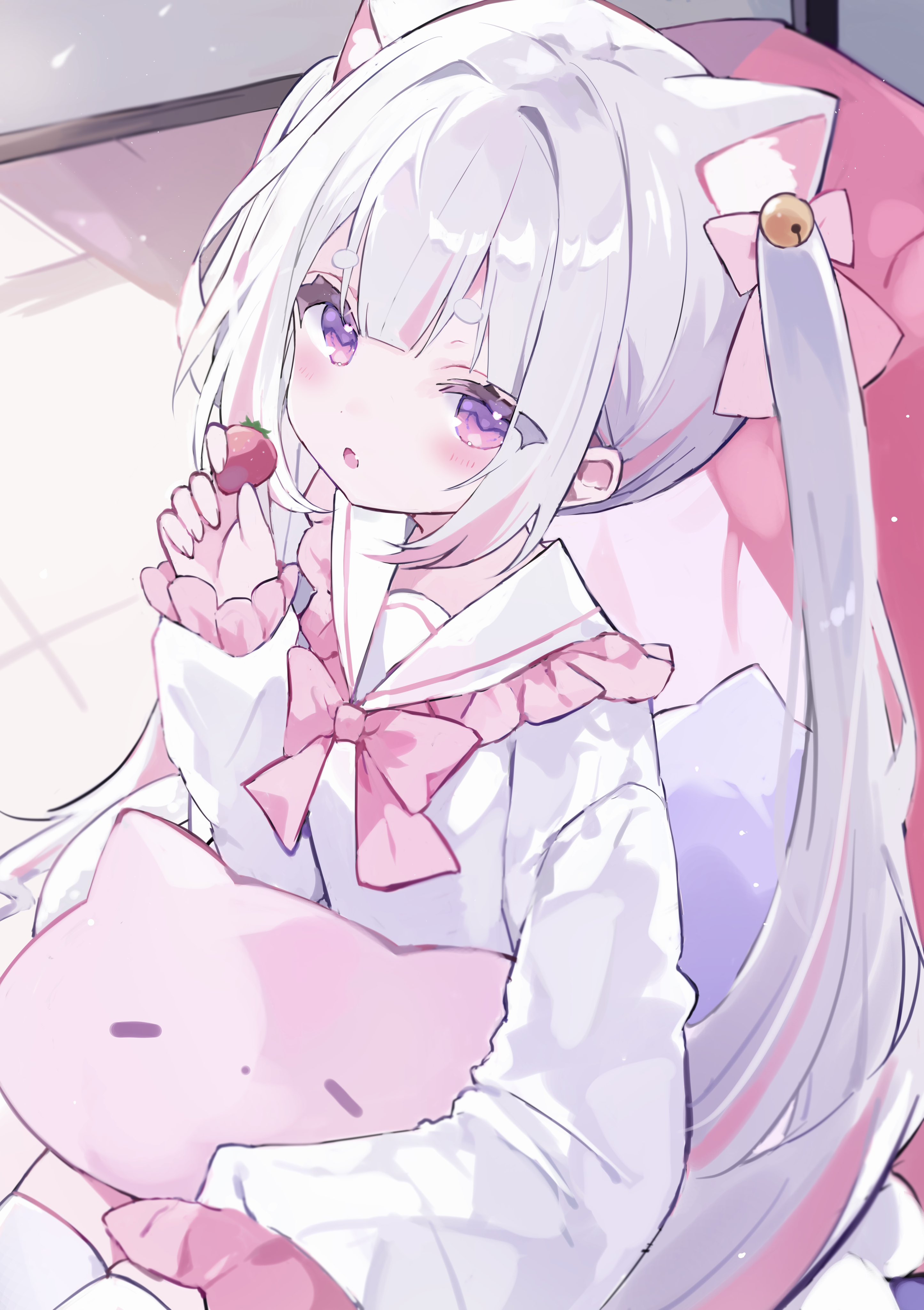 x xww, original, absurdres, commission, highres, skeb commission, 1girl, bow, fang, food, frilled sailor collar, frills, fruit, hair ornament, holding, holding food, holding fruit, long hair, looking at viewer, multicolored hair, open mouth, pink bow, pink eyes, pink hair, purple eyes, sailor collar, skin fang, solo, strawberry, twintails, virtual youtuber, white hair