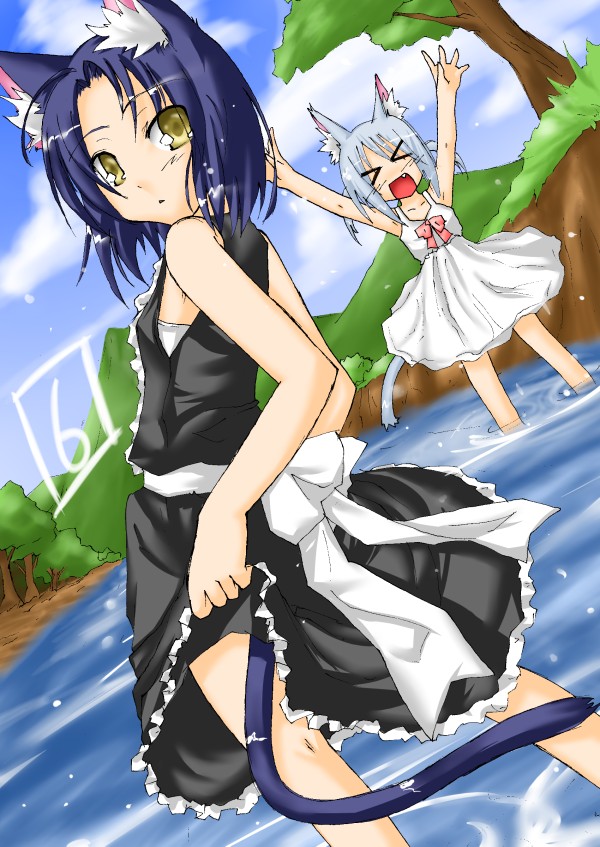 sagiguchi mutsunou, shirasagi rokuwa, koko (rokuwa), nene (rokuwa), original, > <, 2girls, animal ears, arms up, black hair, blue hair, cat ears, cat tail, closed eyes, dutch angle, looking back, multiple girls, no nose, open mouth, short hair, short twintails, signature, skirt hold, tail, tree, twintails, wading, water, yellow eyes