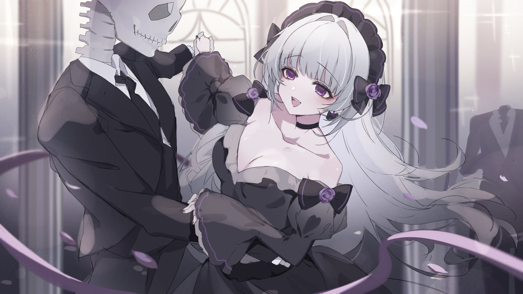 hinagikumonnme, indie virtual youtuber, highres, 1girl, bare shoulders, black bow, black dress, black headdress, black jacket, bow, breasts, cleavage, dancing, dress, formal clothes, grey hair, headdress, jacket, juliet sleeves, long hair, long sleeves, medium breasts, off-shoulder dress, off shoulder, open mouth, production art, puffy sleeves, purple eyes, shiro zakuro (vtuber), skeleton, solo, suit, suit jacket, upper body, virtual youtuber