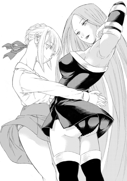 miharu (artist), artoria pendragon (fate), medusa (fate), medusa (rider) (fate), saber (fate), fate/stay night, fate (series), 00s, 2girls, bad anatomy, dancing, greyscale, long hair, monochrome, multiple girls, panties, thighhighs, underwear, very long hair