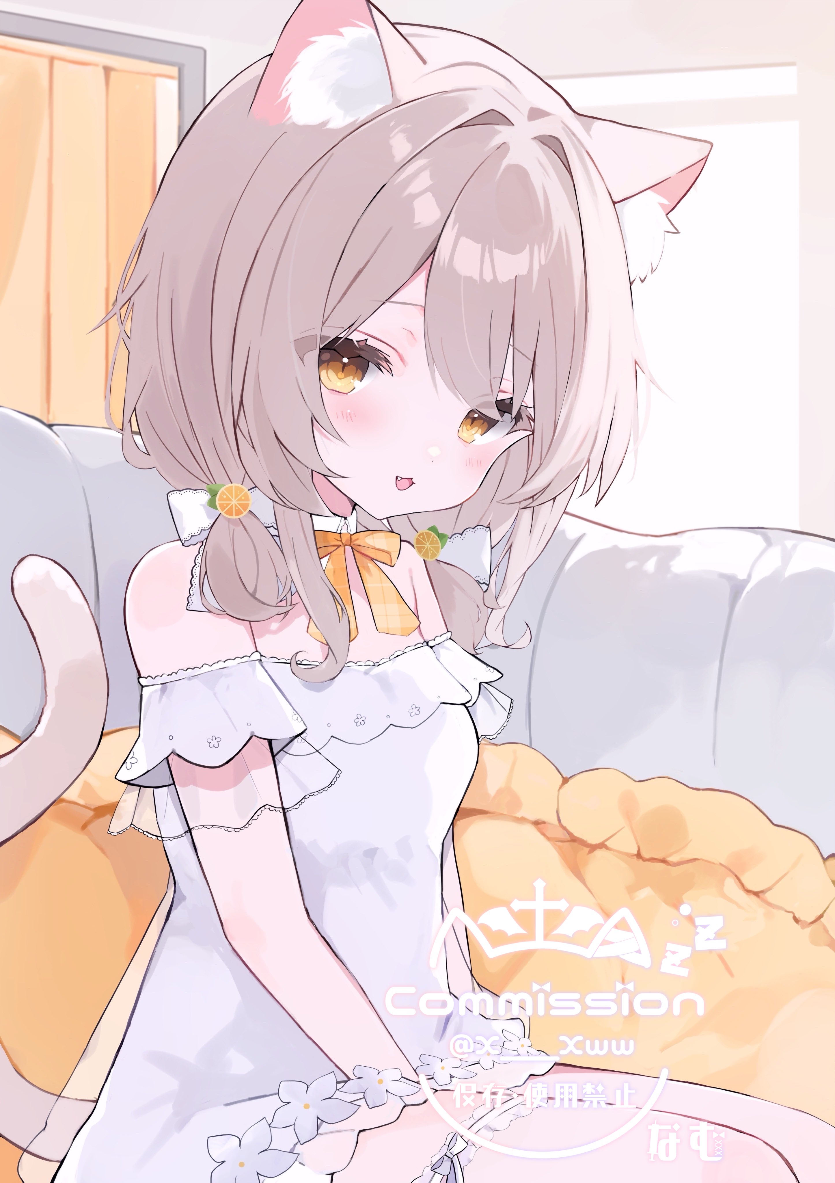 x xww, original, absurdres, commission, highres, skeb commission, 1girl, animal ear fluff, animal ears, bare shoulders, blush, bow, brown hair, cat ears, cat girl, cat tail, couch, dress, looking at viewer, low twintails, off-shoulder dress, off shoulder, open mouth, orange bow, pillow, short twintails, sitting, smile, solo, tail, twintails, virtual youtuber, white dress, yellow eyes