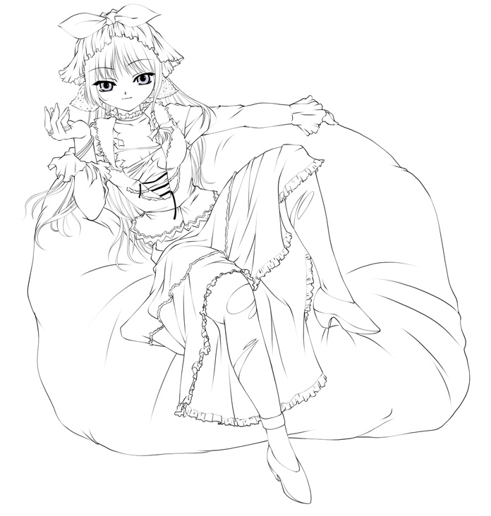mashue, original, 1girl, bare legs, dress, female focus, full body, greyscale, knees up, lineart, long hair, looking at viewer, lying, monochrome, on back, pillow, shoes, simple background, sitting, solo, spread legs, white background