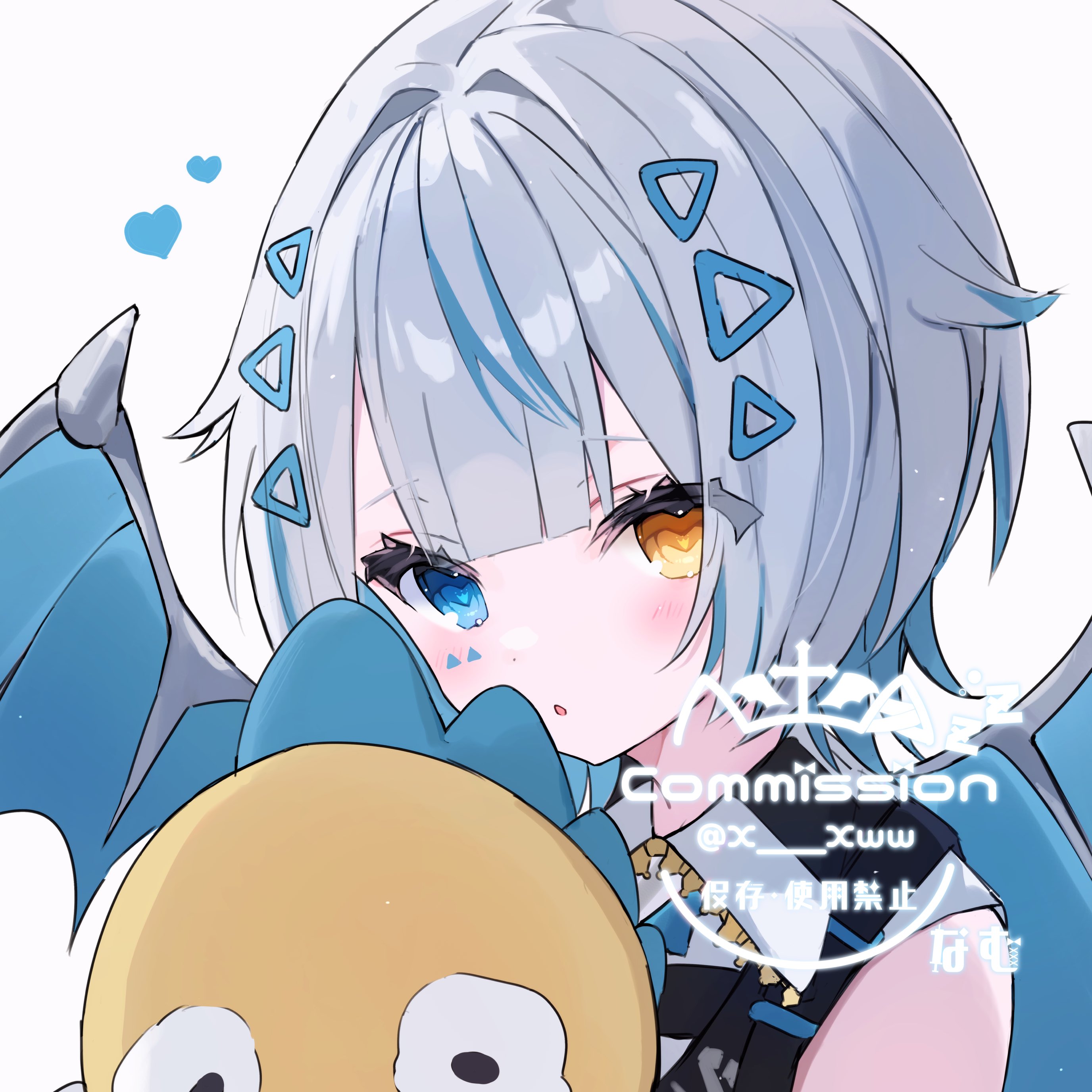 x xww, original, absurdres, commission, highres, skeb commission, 1girl, blue eyes, blue hair, blue wings, dragon wings, grey hair, hair ornament, heterochromia, looking at viewer, multicolored hair, short hair, solo, triangle hair ornament, virtual youtuber, white background, wings, yellow eyes
