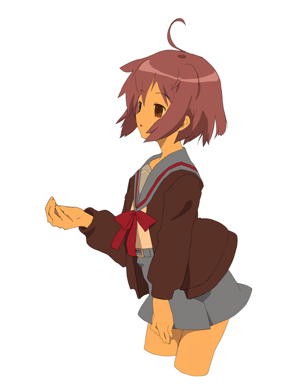 shirohanamame taichou, nagato yuki, suzumiya haruhi no yuuutsu, 00s, 1girl, cardigan, female focus, school uniform, serafuku, shirohanamametaichou, simple background, solo