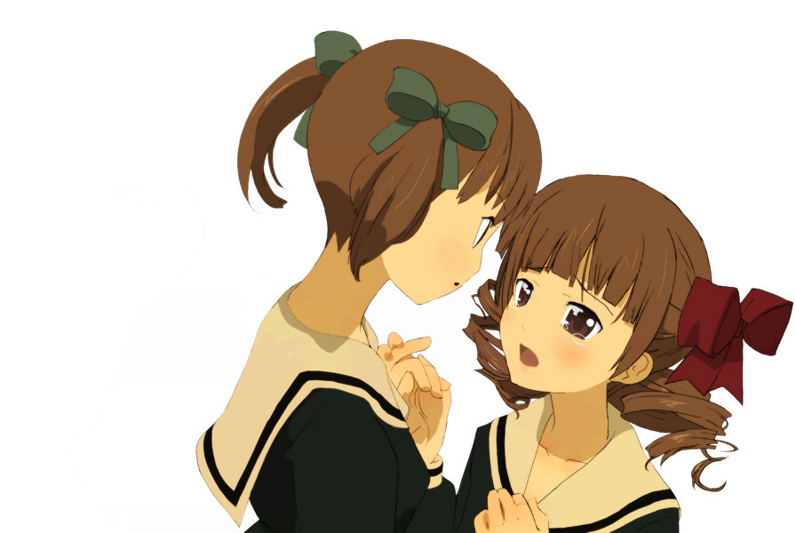 shirohanamame taichou, fukuzawa yumi, matsudaira touko, maria-sama ga miteru, 00s, 2girls, :o, blunt bangs, bow, green bow, hair bow, height difference, multiple girls, open mouth, red bow, sailor collar, school uniform, serafuku, short hair, short twintails, simple background, twintails, upper body, white background