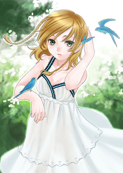 mattaku mousuke, original, 1girl, animal on arm, bird, bird on arm, braid, brown hair, dress, feathers, female focus, green eyes, outdoors, short hair, solo
