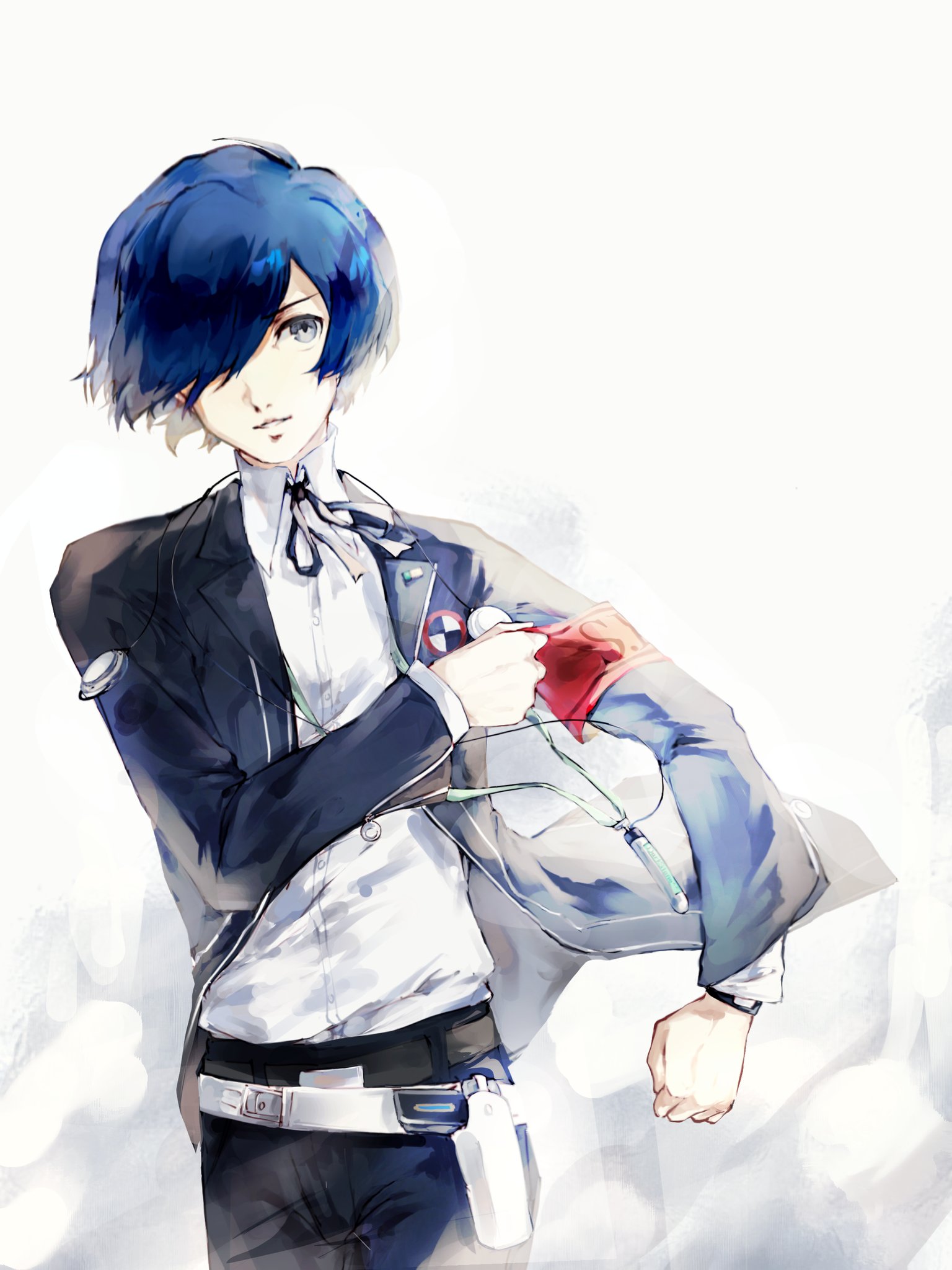 aekt99, yuuki makoto (persona 3), persona, persona 3, commentary request, highres, 1boy, adjusting clothes, armband, belt, black jacket, black pants, black ribbon, blue hair, clenched hand, cowboy shot, digital media player, digital walkman, dress shirt, gekkoukan high school uniform, grey eyes, hair over one eye, hand on own arm, jacket, long sleeves, looking ahead, open clothes, open jacket, pants, parted lips, red armband, ribbon, s.e.e.s, school uniform, shirt, short hair, simple background, solo, walkman nw-s203f, white background, white shirt
